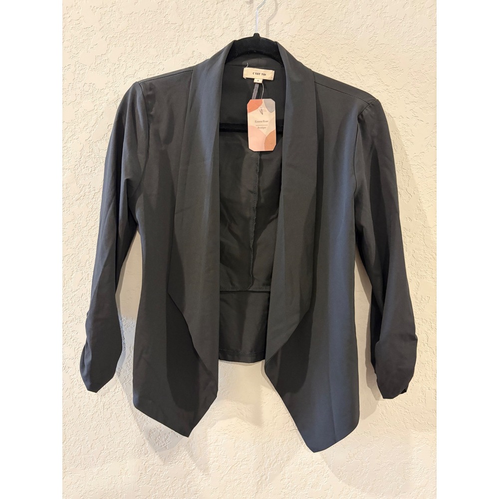 C'est Toi Black Open Front Draped Blazer Ruched 3/4 Sleeve GJ261 Small